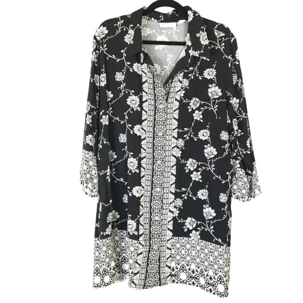 Passport Susan Graver Womens XL Black White Floral Medallion Tunic Button Up Top